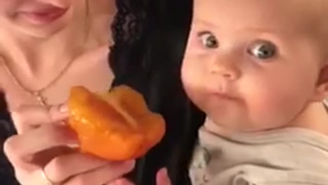 baby eating persimmon