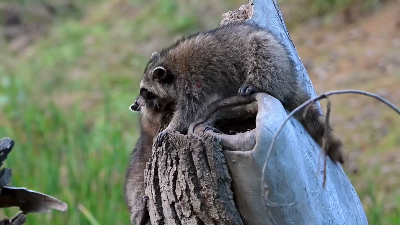 Raccoon Siblings Play On A Stump