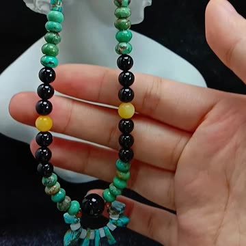 Natural turquoise and onyx with bumble bee faceted garnet pendant necklace full strand 16inch