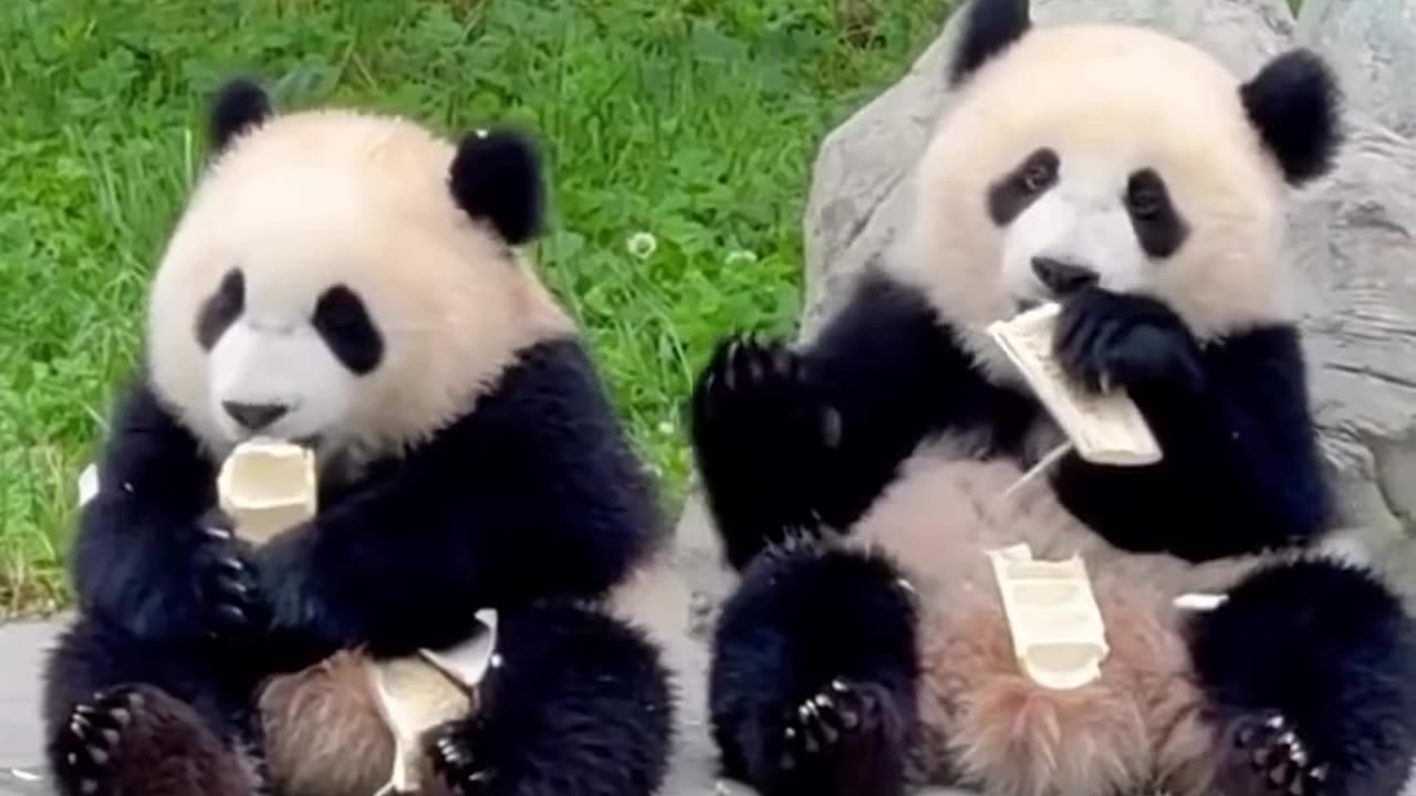 Adorable Panda Duo Enjoys Bamboo Feast at the Park!