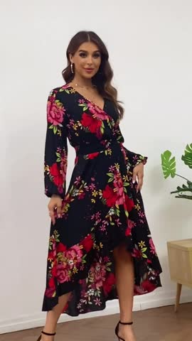 Women's Short Sleeve Floral High Low V-Neck Flowy Party Long Maxi Dress