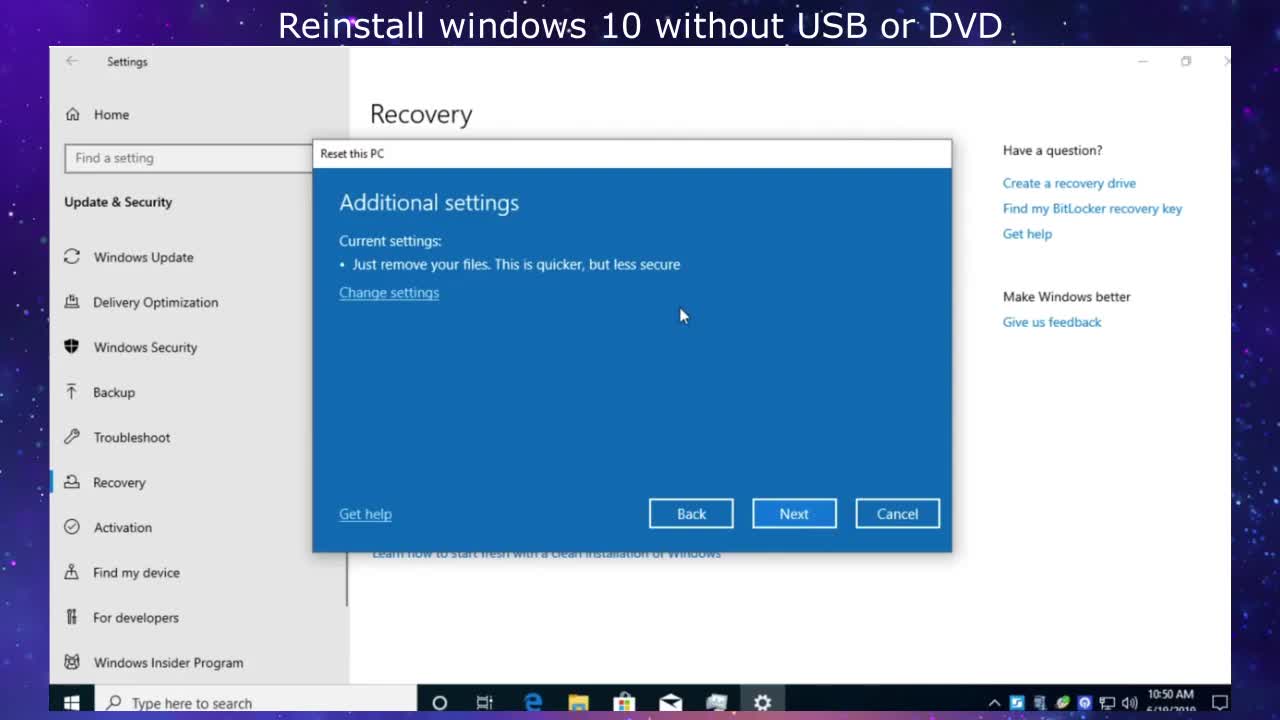 The correct way to reinstall Windows 10 without usb or DVD (installer Reset Windows 10).