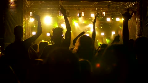 Festival crowd jumping and dancing at night