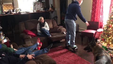 Blue hoodie dad falls off segway into christmas tree