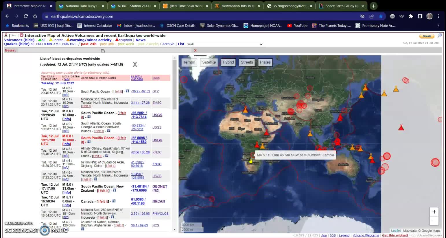 Tsunami Bouy in event mode, Earth quakes and volcanoes 07-12-22