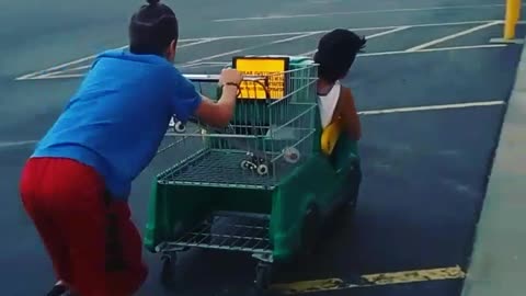 Blue shirt shopping cart into pole