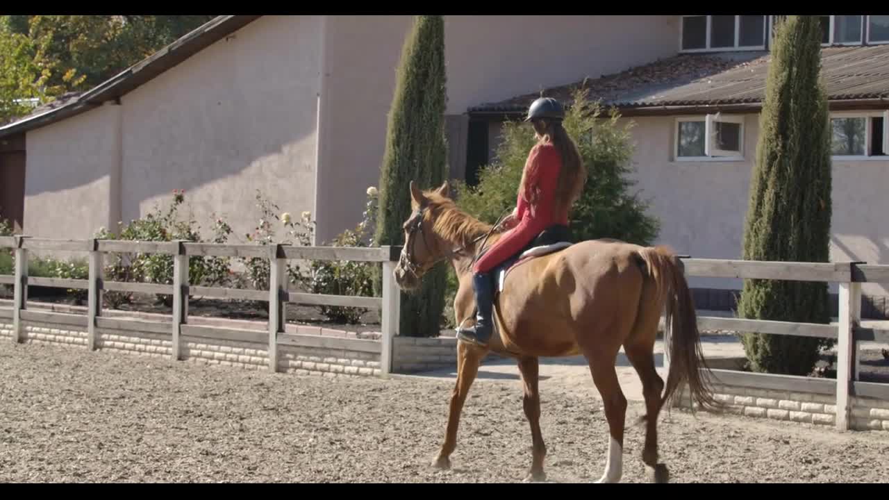 Caucasian girl in pink clothes and helmet riding brown horse in the corral