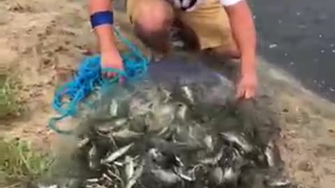 Fishing by net in small river