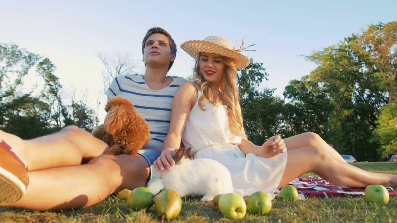 Happy young couple on picnic resting with dog and rabbit