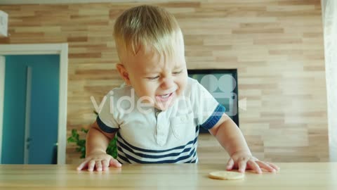 Funny Kid Climbs On The Table For The Biscuit Fun Video With Kids Concept