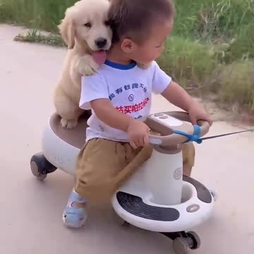 Puppy Rides a Tricycle with Baby!