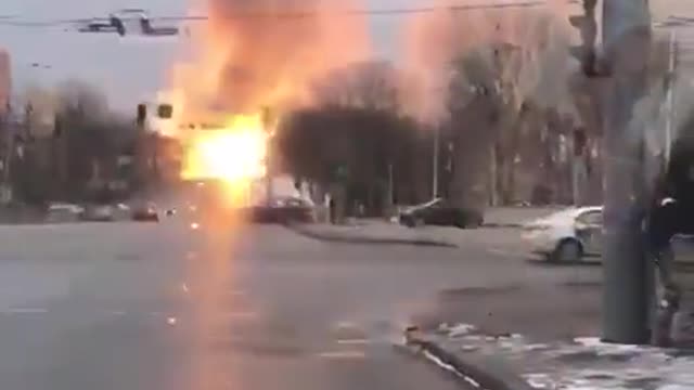 View from ground of the Russian Air strikes on the Ukraine 24 Towers in Kyiv