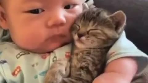 Adorable baby and cute cat cuddle together