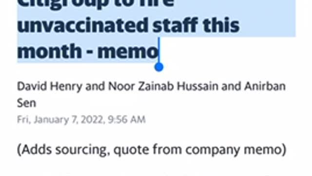 News 01/09/2022 UPDATE 6-No jab, no job: Citigroup to fire unvaccinated staff this month - memo