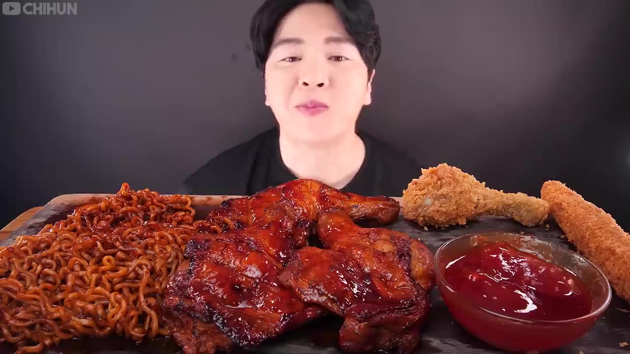 ASMR MUKBANG | BBQ CHICKEN SPICY BEAN NODDLES EATING