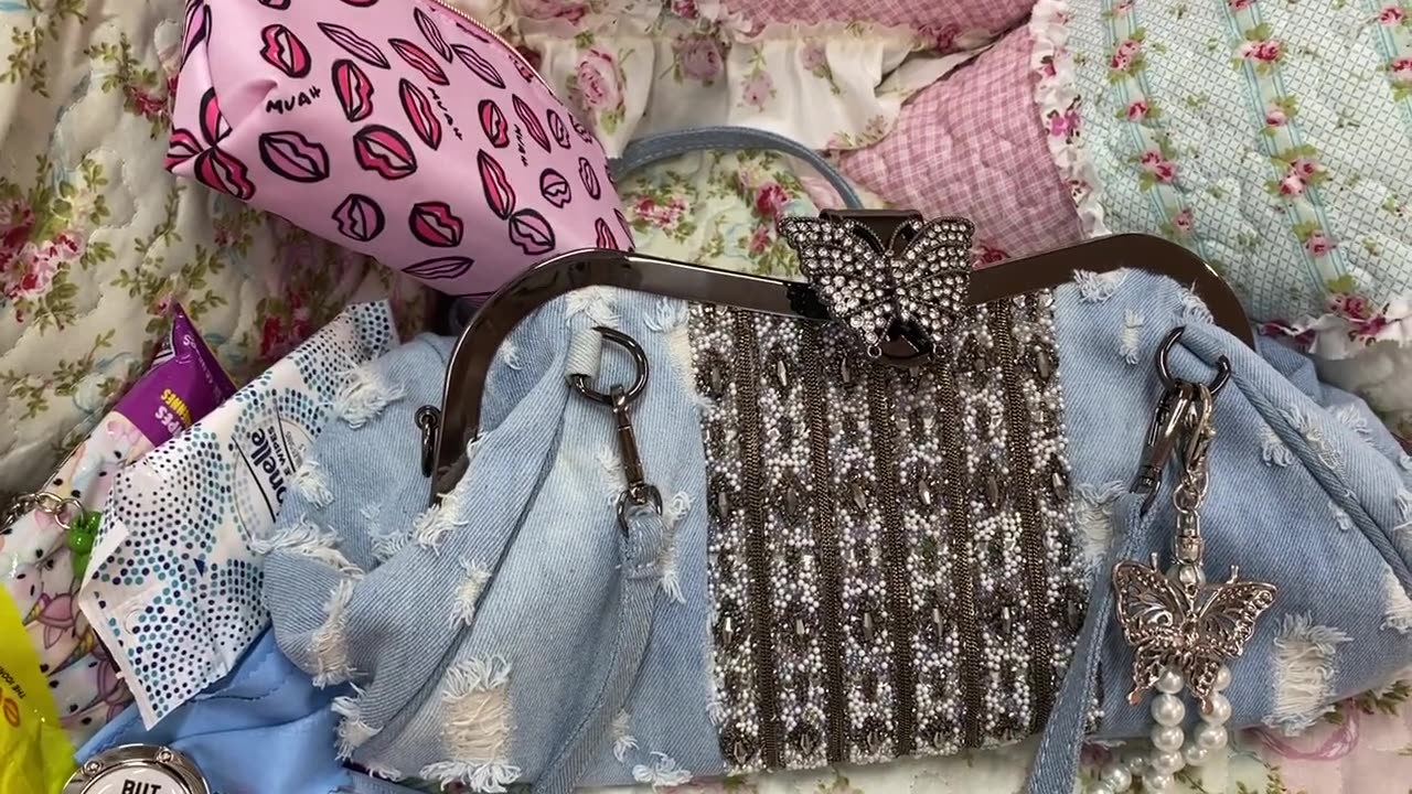 What's in my Coofit Denim Butterfly Beaded Bag from Amazon