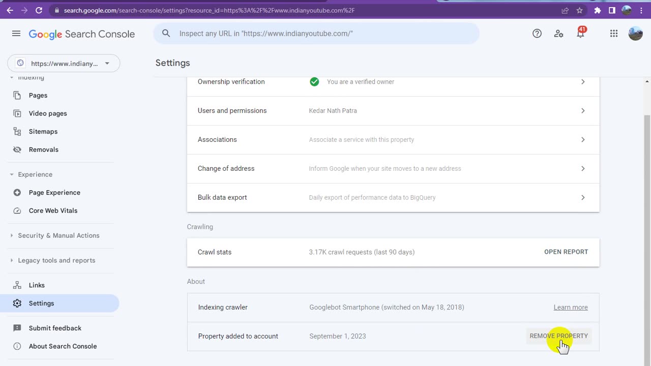 How To Remove indianyoutube.com Website Property From Google Search Console for Re-Add URL