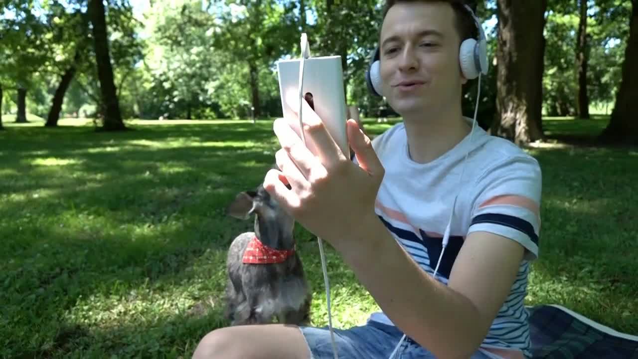 Boy having a videocall on smartphone while relaxing with his dog in the park