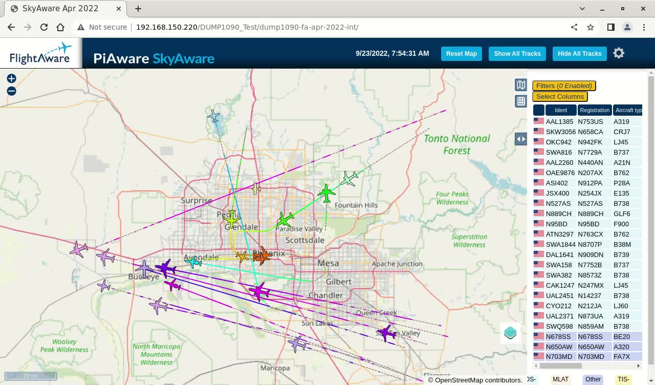 Sept 24th 2022 time lapsed phoenix air traffik with piaware and linux