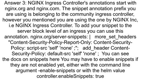 how to add content security policy CSP to nginxinc ingress controller or ingress rule