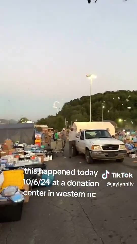 Blackhawk helicopter sabotages donation centre for hurricane victims.mp4