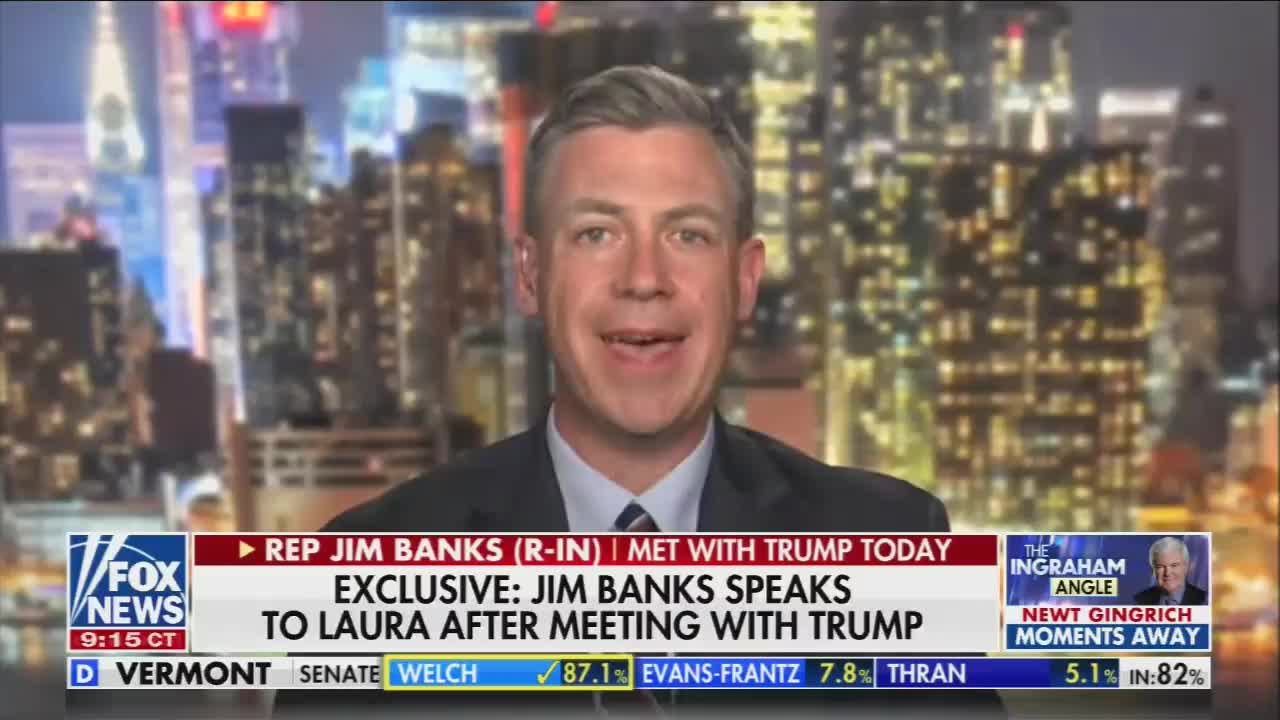 Jim Banks tells Ingraham that a dozen House Republicans met with Trump tonight at Bedminster