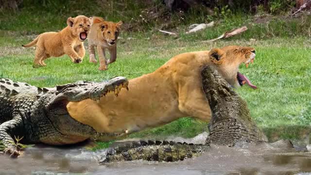 Mother Lion sacrifices himself to Save 2 Lion Cub across river - Crocodile is King River, Lion Lose