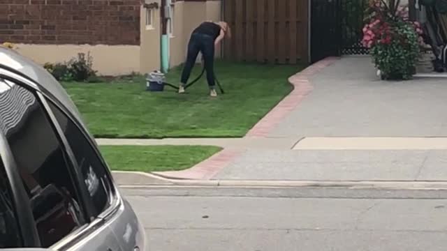 Woman Vacuums Lawn