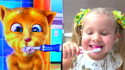 Kids and Funny Cat eats Breakfast and Plays