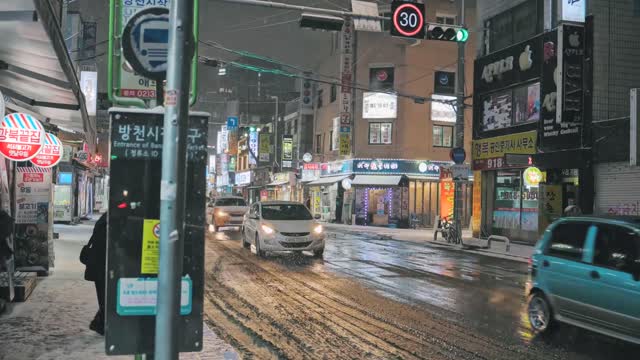 Beautiful street in snowy night.#1