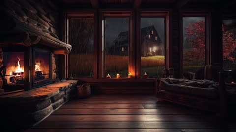 Rainy Fall Night by the Fireplace