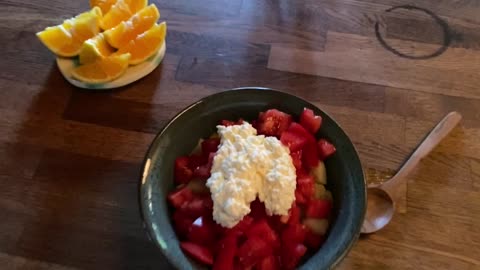 Steamed Potato, Tomato, Egg Yolks, Cottage Cheese and Orange