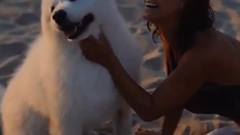 Cute girl is playing with her puppy.