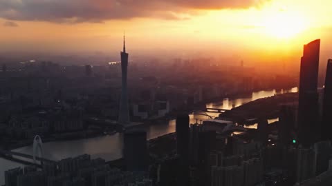 Sunrise view of the city taken from the air