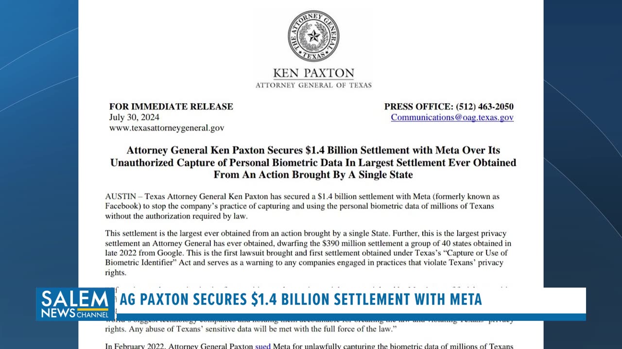 Texas Attorney General Ken Paxton Secures $1.4 Billion Settlement From Meta