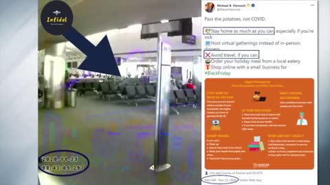 Denver mayor Hancock tweets "Avoid travel, if you can." while in airport.