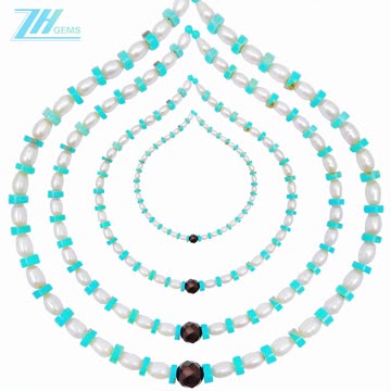 Natural turquoise with freshwater pearls and faceted garnet gemstone pendant choker