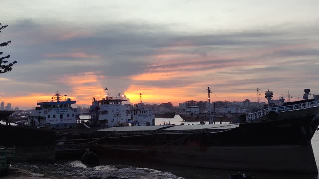 Riverview with sunset and also there cargo ship