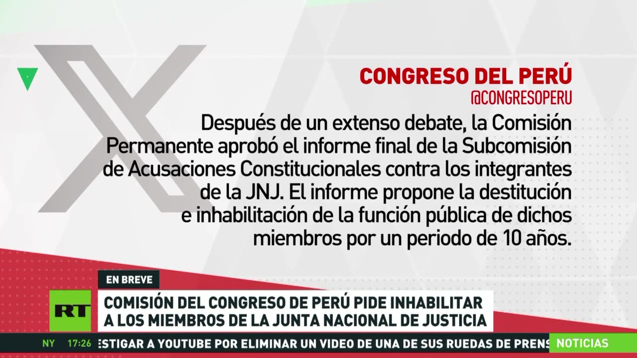 Comisión del Congreso peruano aprueba informe que recomienda destituir a la Junta de Justicia