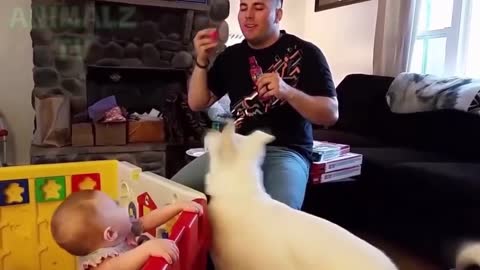 Children laughing while playing with their pets