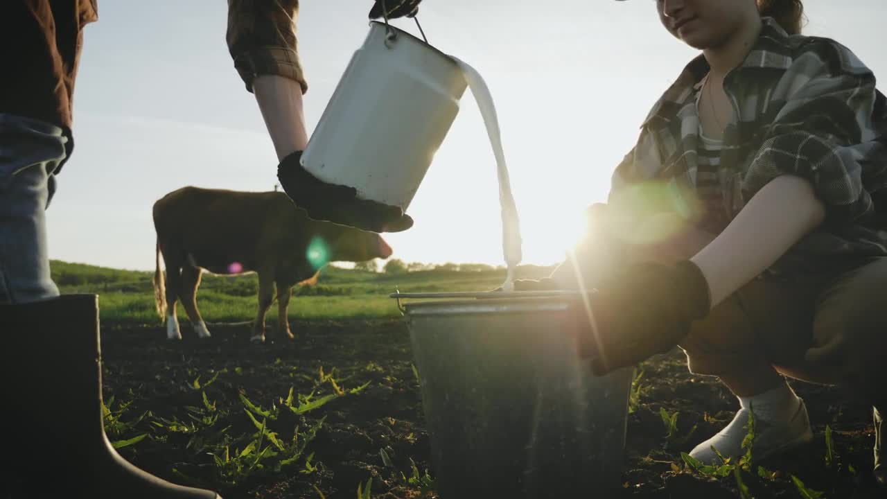 Cows farm concept. Young mother farmer and daughter pour fresh milk