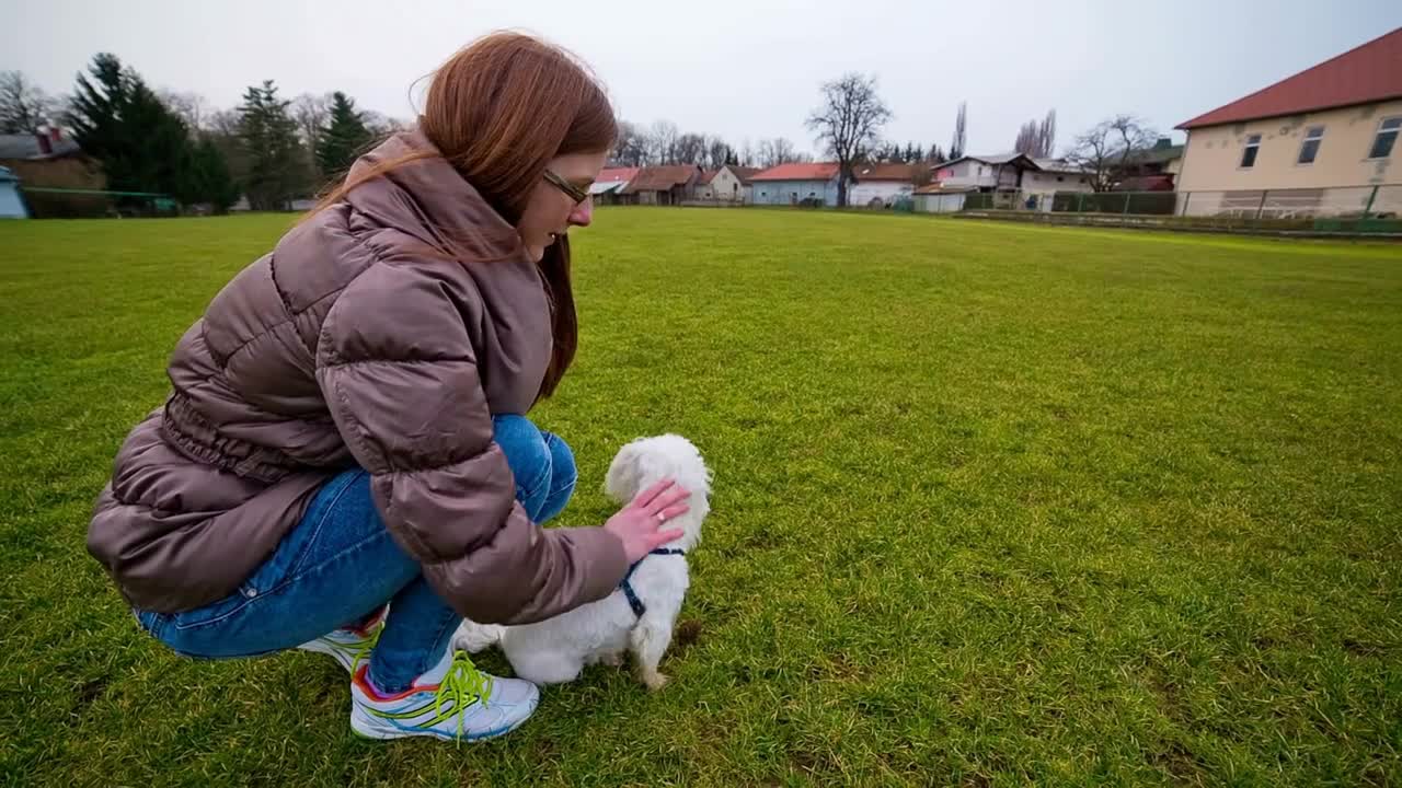 Attractive female caressing cute white dog