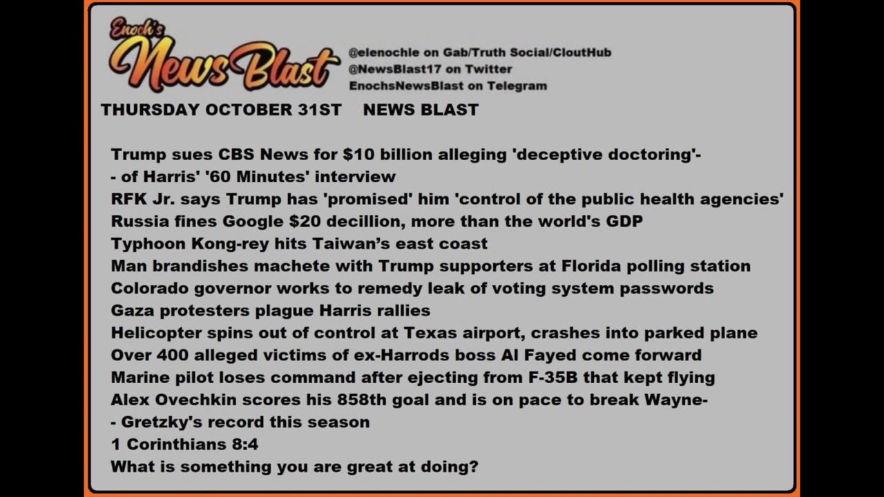 Thurdsday October 31, 2024 News Blast