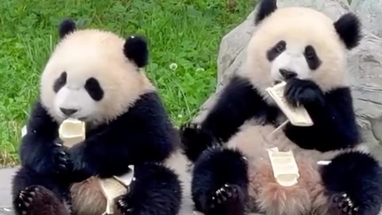 How about eating like these twin pandas—together and with pure happiness