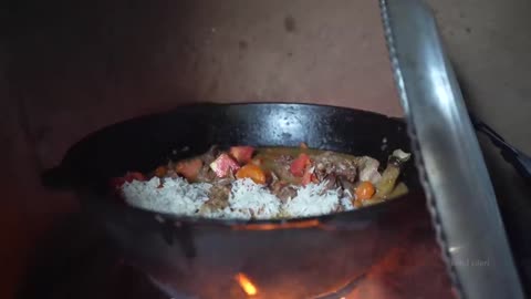 Cooking Biriyani Duck's inside Stuffed Pilaf in Rural Style Kitchen