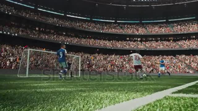 dynamic shot of soccer player scoring goal on the professional stadium made in with animated crowd.