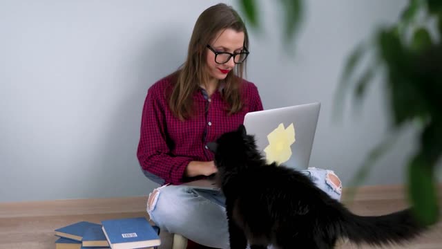 Beautiful girl using laptop, stroking a cat and sitting on the floor at home