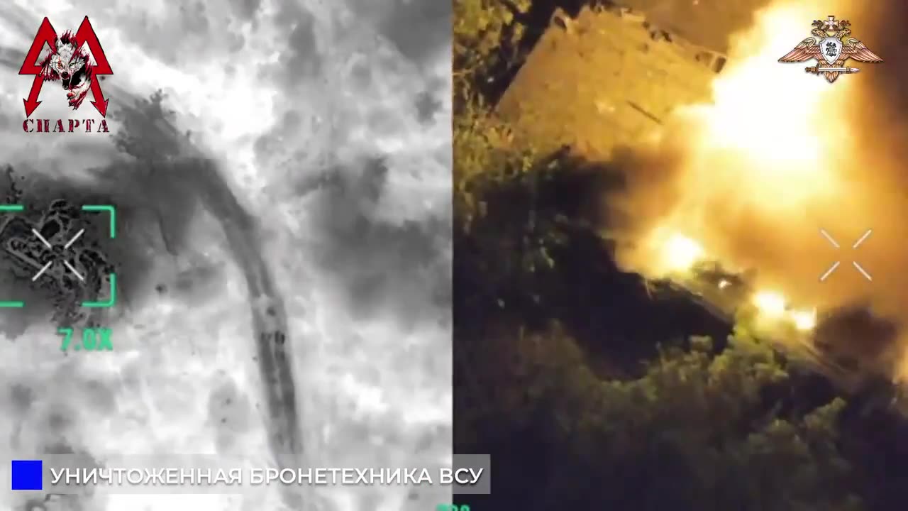 Sparta Battalion FPV drone strikes on Ukrainian armored vehicle and infantry at night. Donbas area.
