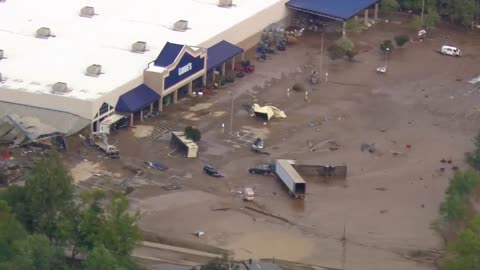 Aerial footage of the destruction in western North Carolina in Biltmore Village in Asheville