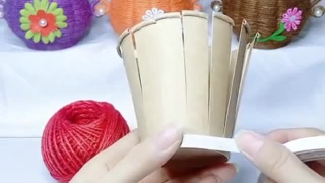 handicrafts from woolen threads and plastic cups | handycrafts